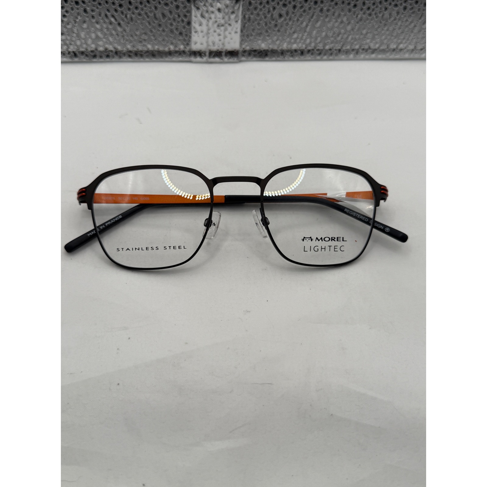 Morel Lightec Eyeglasses Frames Mens Black Orange Stainless Steel Rectangular